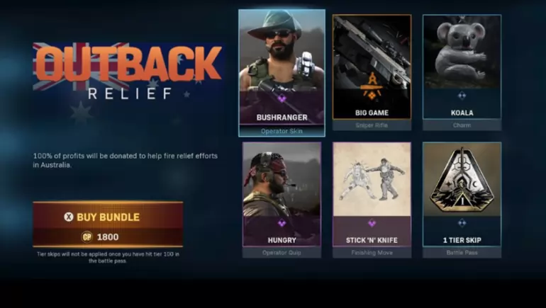 Esta imagen corresponde a un paquete cosmético que Activision vendió para recaudar fondos de ayuda a los damnificados en Australia. Esta imagen corresponde a un paquete cosmético que Activision vendió para recaudar fondos de ayuda a los damnificados en Australia.