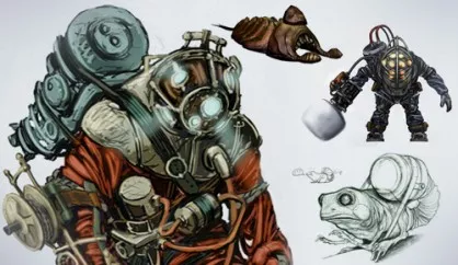 En pantalla algunos de los siniestros diseños para personajes que iban a aparecer en el primer Bioshock y que finalmente fueron descartados.