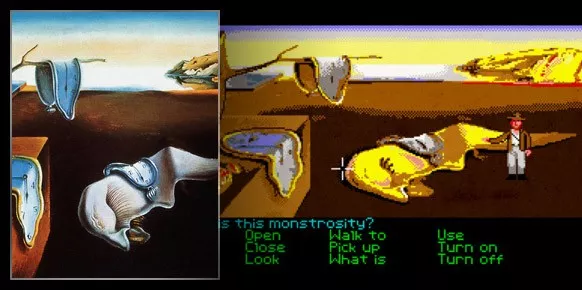 Homenaje de Aled Lewis al cuadro de Dalí La Persistencia de la Memoria, con el estilo visual de las aventuras gráficas de Indiana Jones.