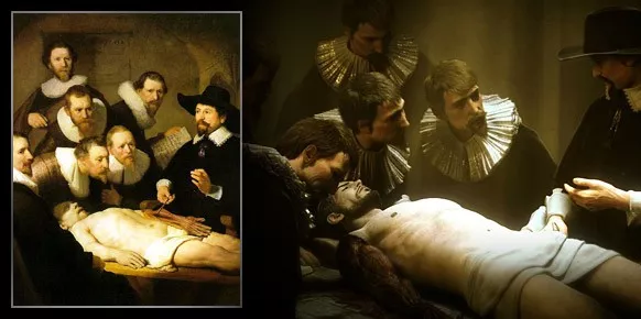 La Lección de Anatomía del Dr. Nicolaes Tulp de Rembrandt y una boceto artístico de Deus Ex: Human Revolution.
