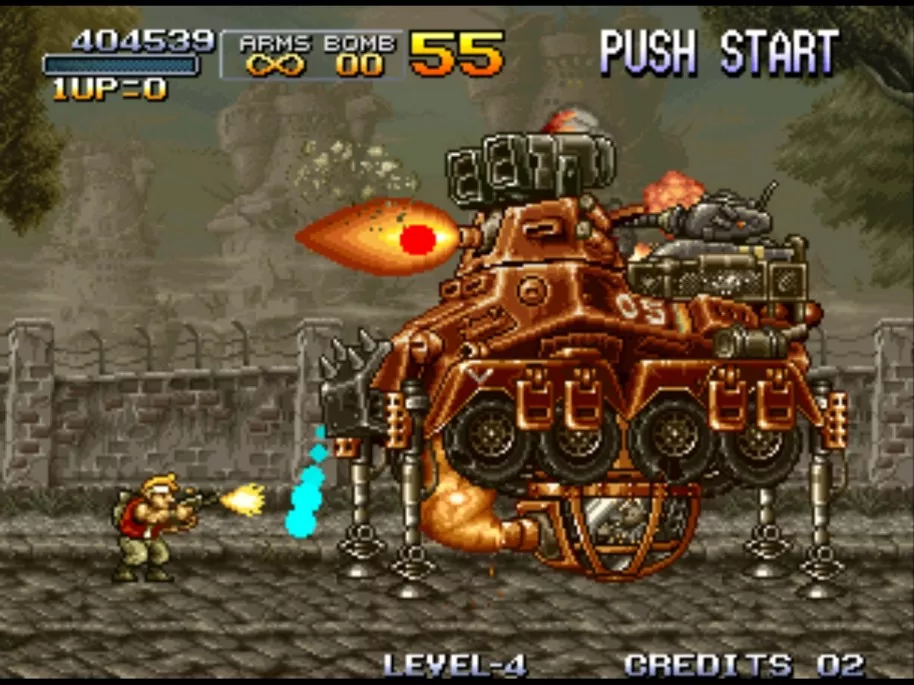 Otra característica esencial de Metal Slug: sus enormes jefes. Construcciones imposibles que hay que tirar a bombazos.