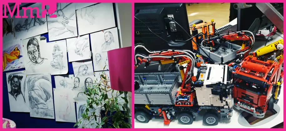 Cuando entras en Media Molecule, lo primero en que fijas son unos bocetos colgados en la pared. Mientras paseas por los escritorios, ves unos camiones y helicópteros de Lego. Al subir las escaleras para llegar al comedor, hay post-its con garabatos por todos lados. La creatividad fluye en un estudio muy pintoresco, verdaderamente único.