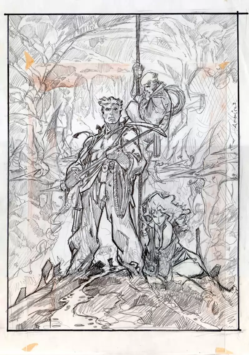 Boceto de Azpiri para la carátula del juego.