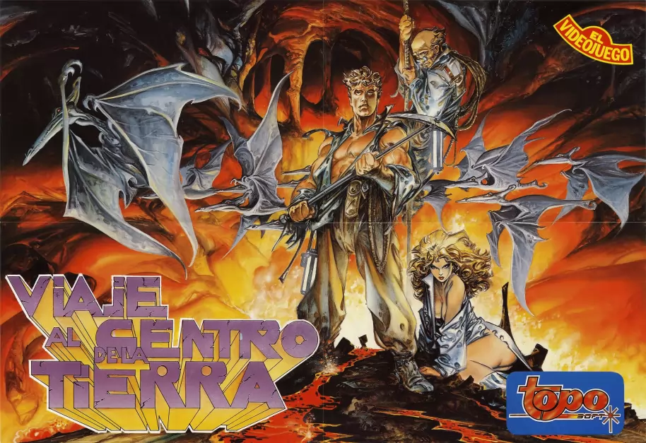 Uno de los espectaculares poster promocionales de la época. En este caso con la hermosa ilustración de Alfonso Azpiri con los tres protagonistas de la aventura y los emblemáticos Pterodáctilos.