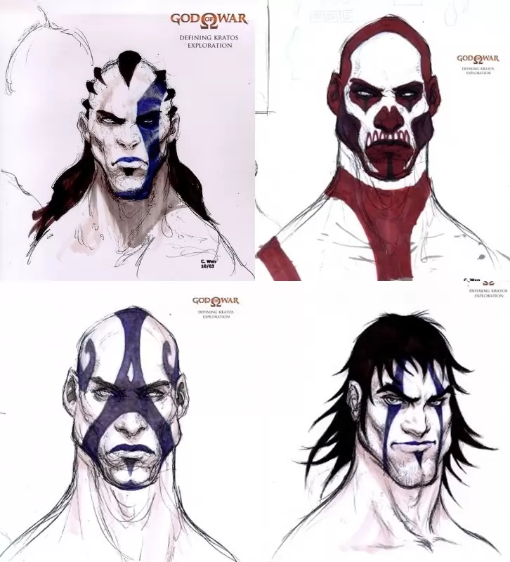 Nunca es fácil encontrar el diseño perfecto para el héroe de una gran aventura como esta, así que como es lógico, en Santa Monica Studios crearon montones de bocetos con aspectos de lo más variopintos. Como veis, el azul iba a ser el color distinto de Kratos, pero finalmente se adoptó por el rojo más propio del dios de la Guerra, Ares.