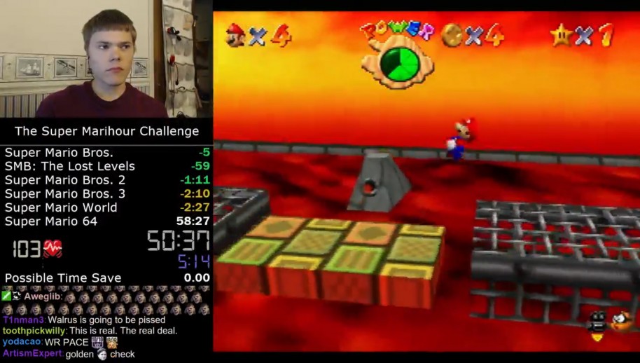 Darbian, otro de los grandes aspirantes al trono del 4:54. Tiene el récord en Super Marihour, acabando en algo más de 56 min. seis Mario distintos.