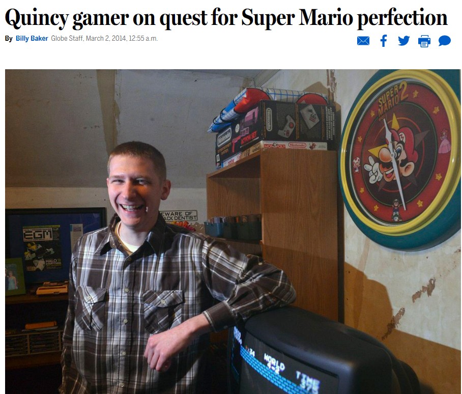 La popularidad de Super Mario Bros. ha ayudado a que la prensa generalista también se haga eco de los récords de sus héroes locales. AndrewG1990 fue un habitual en los medios.
FOTO: Boston Globe