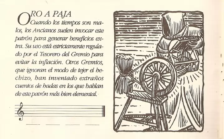 La edición que llegó a nuestras costas de LOOM incluía el juego, manual y un complemento muy especial. Se trata de El Libro de los Patrones, que contenía una bella descripción de los hechizos del juego —y unos cuantos más que no eran incluidos en la aventura—. Bajo el texto podemos dibujar en el pentagrama el hechizo correspondiente a nuestra partida, en el caso de que quisieras pintar en el libro, claro —algo que no gusta a los más coleccionistas—. La palabra Patrón también tiene varios significados en inglés. En música, Pattern significa partitura, mientras que en el contexto de la confección textil, Pattern son los patrones, las formas repetidas que se graban en las telas. Jugando de nuevo con el doble significado como con la palabra Loom, ambas definiciones son atribuibles a la forma de hilar los hechizos con música en el juego. El libro también contenía las famosas claves de protección de la época, junto al visor rojo para descifrar la clave oculta en el papel.