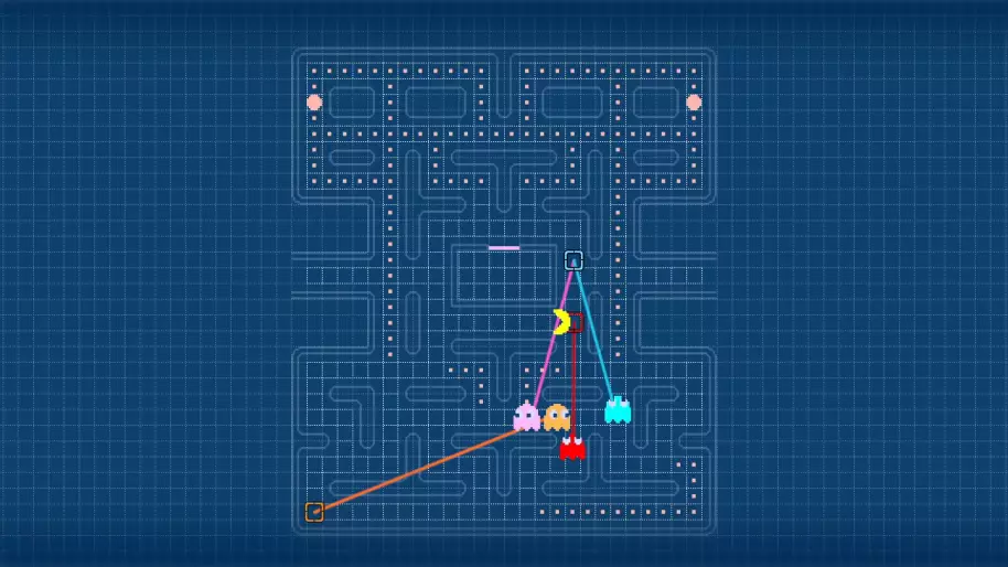 Cada fantasma sigue un patrón distinto de movimiento (Imagen: Gamemaker's Toolkit de Mark Brown)