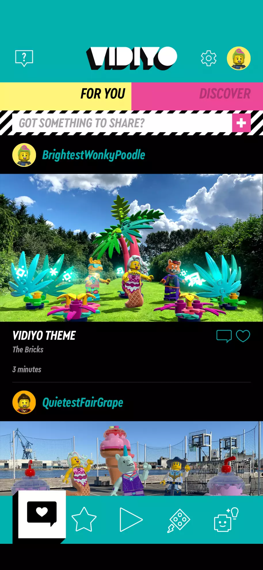 Así luce el feed social de LEGO Vidiyo.