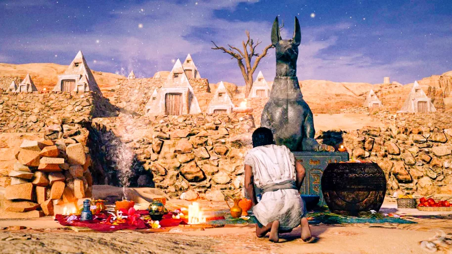 Un NPC de Assassin's Creed Origins llora ante la tumba de su esposa